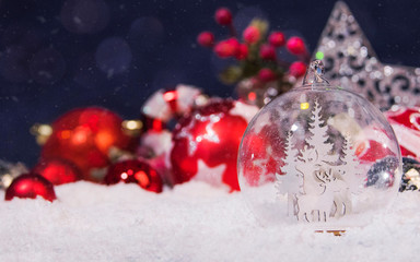 Merry Christmas and Happy New Year, Holidays greeting card with blurred bokeh background