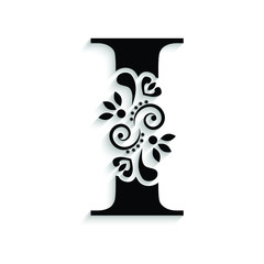letter I. Black flower alphabet.  Beautiful capital letter with shadow