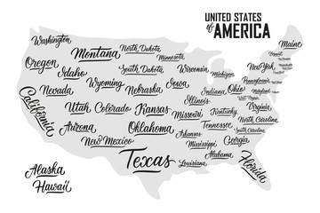 Set of states of United States of America. Big set of fifty hand drawn USA state names. Modern calligraphy for posters, cards, t shirts, postcards, souvenirs, stickers. Vector illustration.
