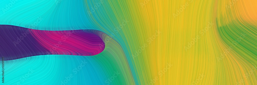 Poster surreal horizontal header with golden rod, dark turquoise and dark slate blue colors. dynamic curved lines with fluid flowing waves and curves