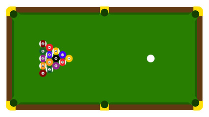 Realistic illustration with pool billiard on green table. Pool billiards tournament announcement poster of color balls on green table. Vector design for billiards championship for sport game players.