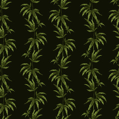 Digital illustration of beauty trending seamless pattern of green juicy hemp leaves on a dark background. Print for fabrics, packaging, posters, banners, medical and beauty industry.
