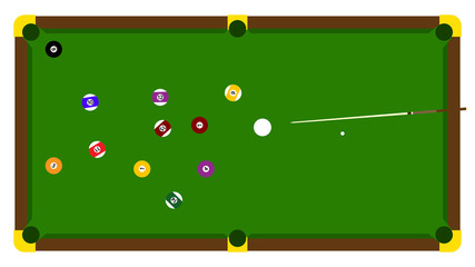 Realistic illustration with pool billiard on green table. Pool billiards tournament announcement poster of color balls on green table. Vector design for billiards championship for sport game players.