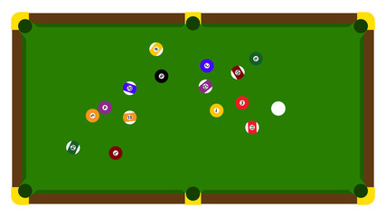 Realistic illustration with pool billiard on green table. Pool billiards tournament announcement poster of color balls on green table. Vector design for billiards championship for sport game players.