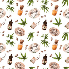 Digital illustration of beauty trending seamless pattern green juicy hemp leaves, tag, natural oil on a white background. Print for fabrics, packaging, posters, banners, medical and beauty industry.