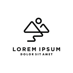 abstract minimal mountain logo with river icon illustration in trendy  linear outline line logo style