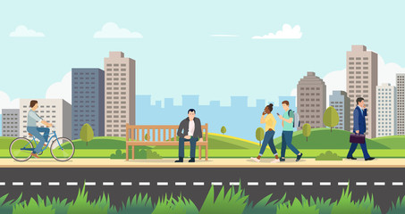 People in public park with cityscape background.Nature landscsape with activity person.Modern city with people on street.Vector illustration