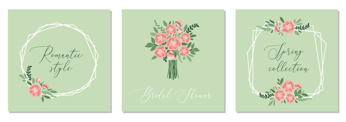 Cute botanical theme set of floral frame background with bouquets of hand drawn rustic roses and leaves branches
