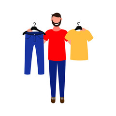 A man chooses clothes. Boy trying on clothes. Vector illustration.