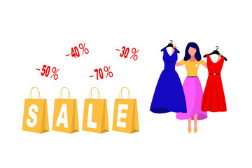 Woman chooses a dress. Girl try clothing. Vector illustration.Commerce discount money saving illustration with girl shopping