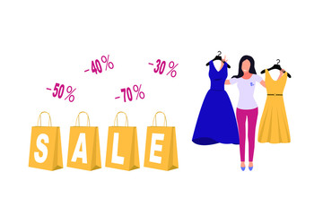Woman chooses a dress. Girl try clothing. Vector illustration.Commerce discount money saving illustration with girl shopping 