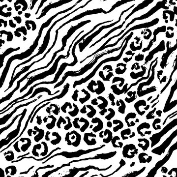 Leopard print seamless pattern. Black and white hand drawn background. Vector illustration.