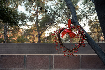 Valentines wood heart wreath hanging on door, grass, and tree