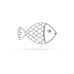 Doodle fish icon isolated on white. Seafood symbol. Logo template. Kids hand drawing art line. Symbol of fishing club or online shop. Restaurant menu. Coloring vector stock illustration