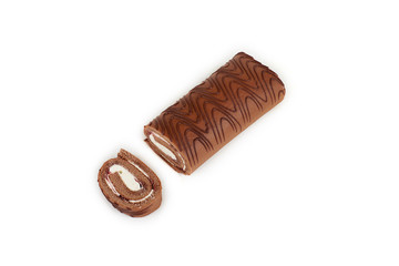 Chocolate biscuit roll cake isolated on white background.