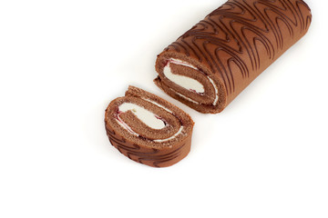 Chocolate biscuit roll cake isolated on white background.