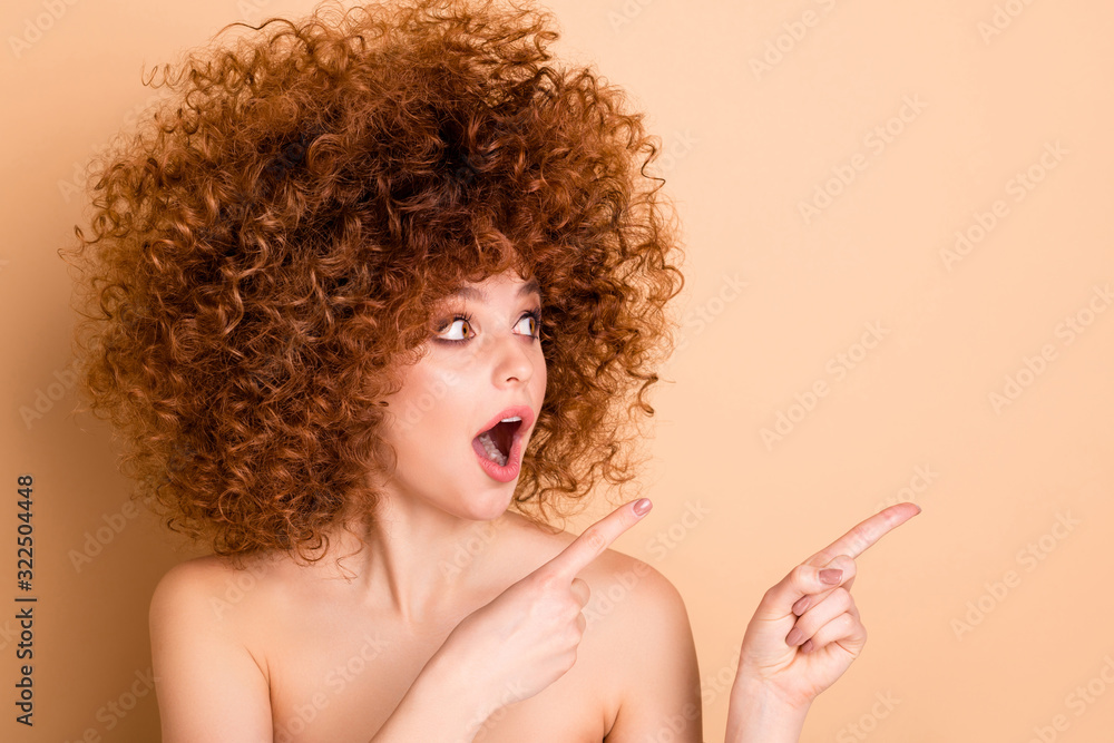 Sticker Close up photo beautiful foxy she her wear no clothes nude excited lady curls fashion procedure stylist perms roller curlers salon empty space direct finger sale discount isolated beige background