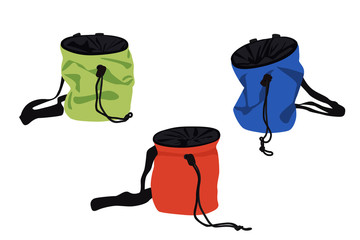 Set of chalk bags for rock climbing isolated on white background. Vector illustration.
