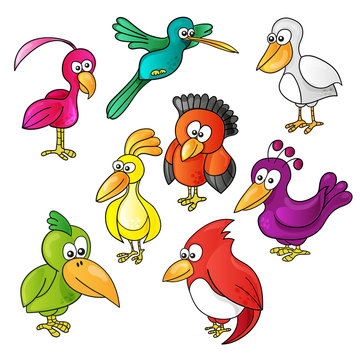Set of Cartoon funny cute birds on white background