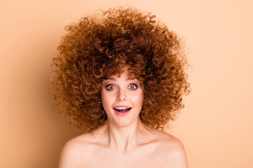 Close up photo beautiful foxy she her wear no clothes nude lady curls fashion procedure stylist...