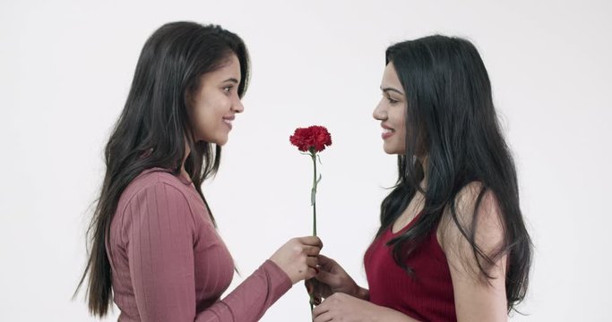 Gorgeous red lady proses her love for a beautiful lady, face to face, with a lovely red flower stem as they romantically walk towards each other till their heads meet and shut eyes in love acceptance 