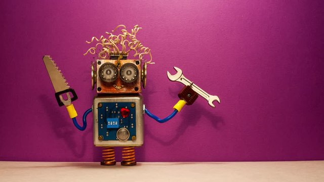 Repair fixing maintenance concept. Robot serviceman rotates saw and hand wrench. Creative design robotic toy character with handyman tools. Purple wall floor background. Copy space