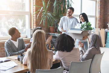 Friendly international team cheering asian girl newcomer