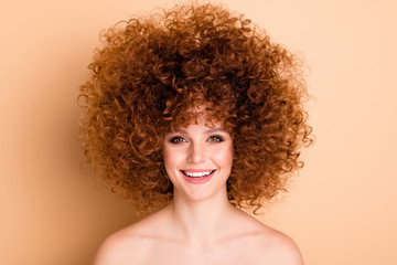 Close up photo amazing she her no clothes lady wealth curls fashion star just finished salon procedure stylist perming roller hair curlers naturally ideal skin body isolated beige pastel background