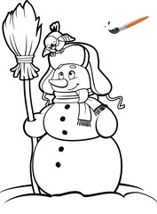 Coloring book or page, illustration. Card concept - Cute snowman with broom and bird.