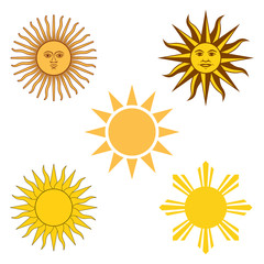 Yellow sun, icon set. Vector illustration on white background.