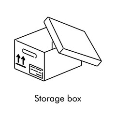 Caja de almacenaje. Icono plano lineal caja de cartón abierta isométrica en color negro