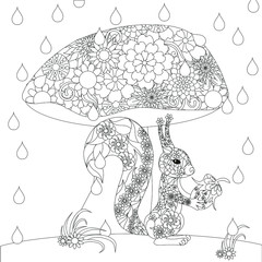 Squirrel and mushroom doodle coloring book. Monochrome decorative ornamental coloring page for adult, for kinder art design stock vector illustration for web, for print