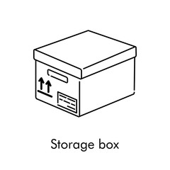 Caja de almacenaje. Icono plano lineal caja de cartón isométrica en color negro