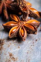 Dried anise stars on the rustic background. Selective focus. Shallow depth of field.