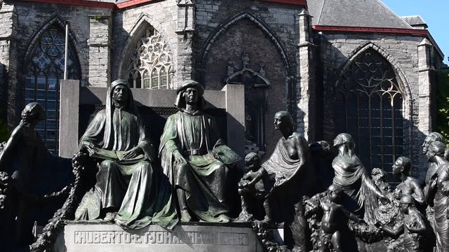 Monument in honour of the Van Eyck brothers in Ghent, Flanders, Belgium