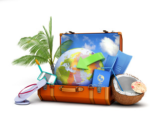 modern summer travel concept suitcase with a globe inside near accessories for summer holidays 3d render on white