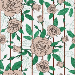 seamless pattern of detailed, full bloomed rose and leaves with strips on the background.