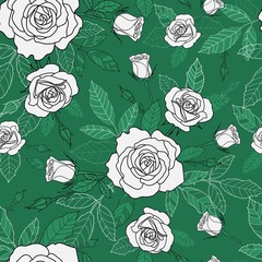 seamless pattern of detailed, full bloomed rose and leaves in green background