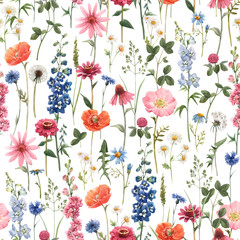Beautiful vector floral summer seamless pattern with watercolor hand drawn field wild flowers. Stock illustration. - obrazy, fototapety, plakaty
