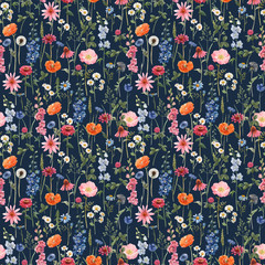Materiał do szycia Beautiful vector floral summer seamless pattern with watercolor hand drawn field wild flowers. Stock illustration.