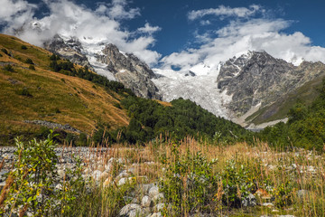 Mountain landscape with Lardaad glacier and footpash full of stones
