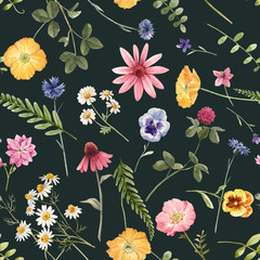 Beautiful vector floral summer seamless pattern with watercolor hand drawn field wild flowers. Stock illustration.