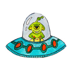 A green, one-eyed alien travels through space in a flying saucer. Children's watercolor illustration on a white background.