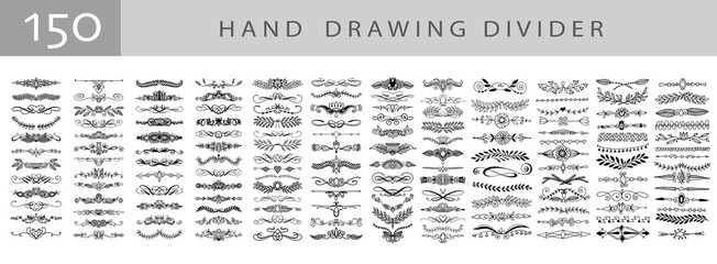 mega set of 150 doodle sketch drawing divider, wedding card design element or page decoration - obrazy, fototapety, plakaty