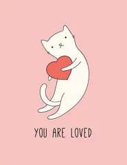 Sierkussen Hand getekende Valentijnsdag kaart, banner met schattige kat met hart, tekst je bent geliefd. Vector illustratie. Lijntekening. Geïsoleerde objecten. Ontwerpconcept voor vakantie afdrukken, uitnodigen, cadeau-tag. © Maria Skrigan