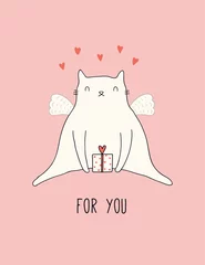 Foto op Canvas Hand getekende Valentijnsdag kaart, banner met schattige kat met vleugels, cadeau, harten, tekst voor jou. Vector illustratie. Lijntekening. Geïsoleerde objecten. Ontwerpconcept voor vakantie afdrukken, uitnodigen, cadeau-tag. © Maria Skrigan