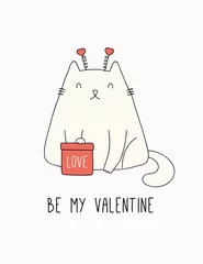 Gordijnen Hand getekende Valentijnsdag kaart, banner met schattige dikke kat, cadeau, harten, tekst Be my Valentine. Vector illustratie. Lijntekening. Geïsoleerd op wit. Ontwerpconcept voor vakantie afdrukken, uitnodigen, cadeau-tag. © Maria Skrigan
