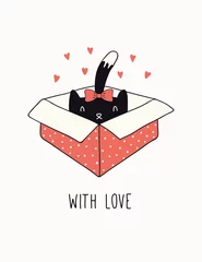 Foto op Plexiglas Hand getekende Valentijnsdag kaart, banner met schattige kat in een doos, harten, tekst met liefde. Vector illustratie. Lijntekening. Geïsoleerde objecten op wit. Ontwerpconcept voor vakantie afdrukken, uitnodigen, cadeau-tag. © Maria Skrigan