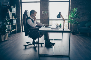 Profile side view of his he nice attractive classy chic focused skilled experienced gray-haired man economist sitting in chair working at modern loft brick industrial style interior workplace station