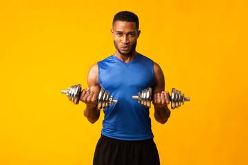 African bodybuilder raising hands pumping up dumbbells